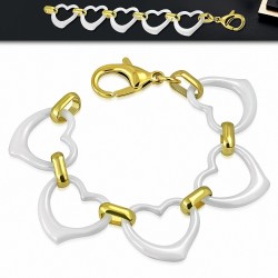 Bracelet cœurs en céramique blanc avec liens en acier inoxydable doré