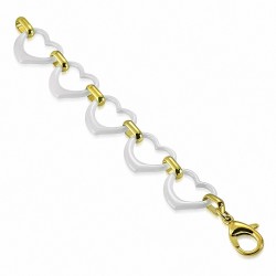 Bracelet cœurs en céramique blanc avec liens en acier inoxydable doré