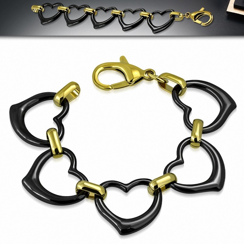 Bracelet cœurs en céramique noire avec liens en acier inoxydable doré