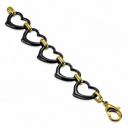 Bracelet cœurs en céramique noire avec liens en acier inoxydable doré