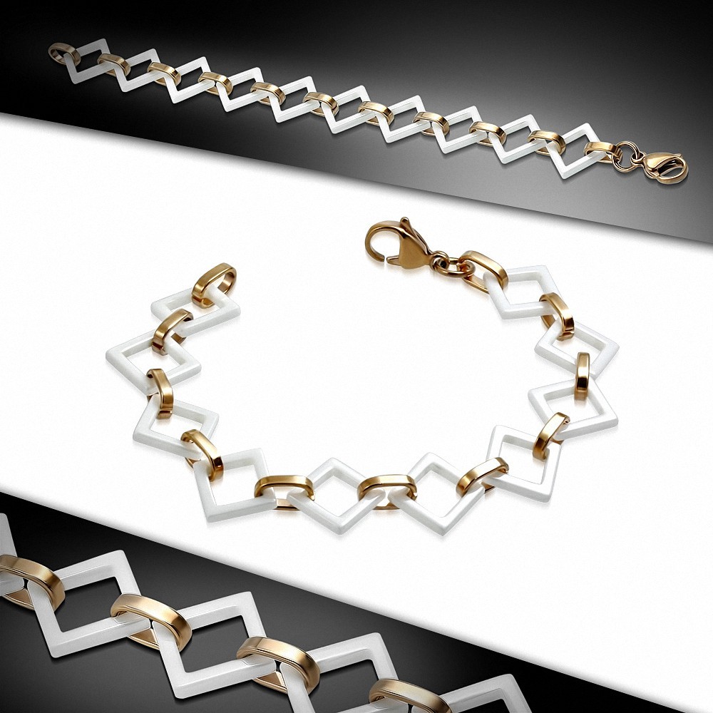 Bracelet carrés en céramique blanche avec liens en acier or rosé