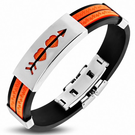 Bracelet en caoutchouc noir orange avec plaque acier double cœur