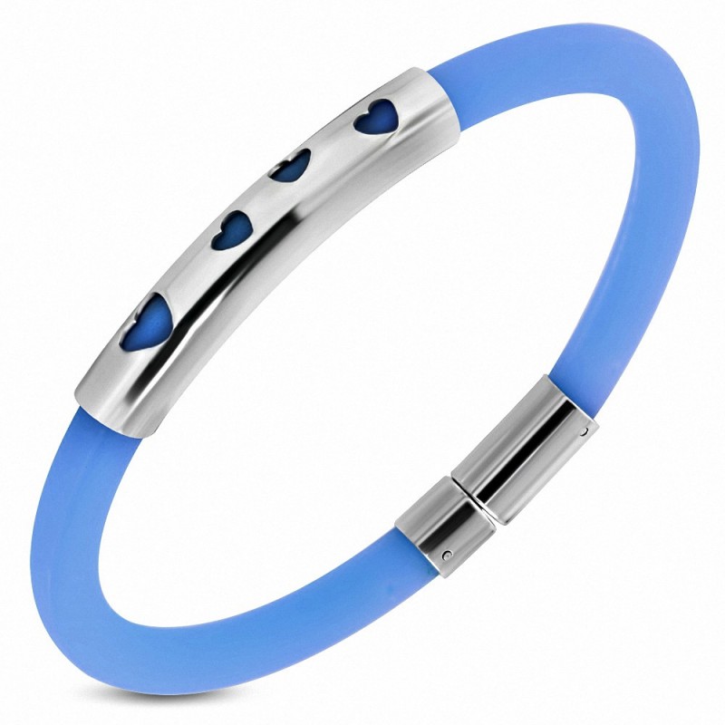 Bracelet en caoutchouc bleu marine avec plaque acier multi cœurs