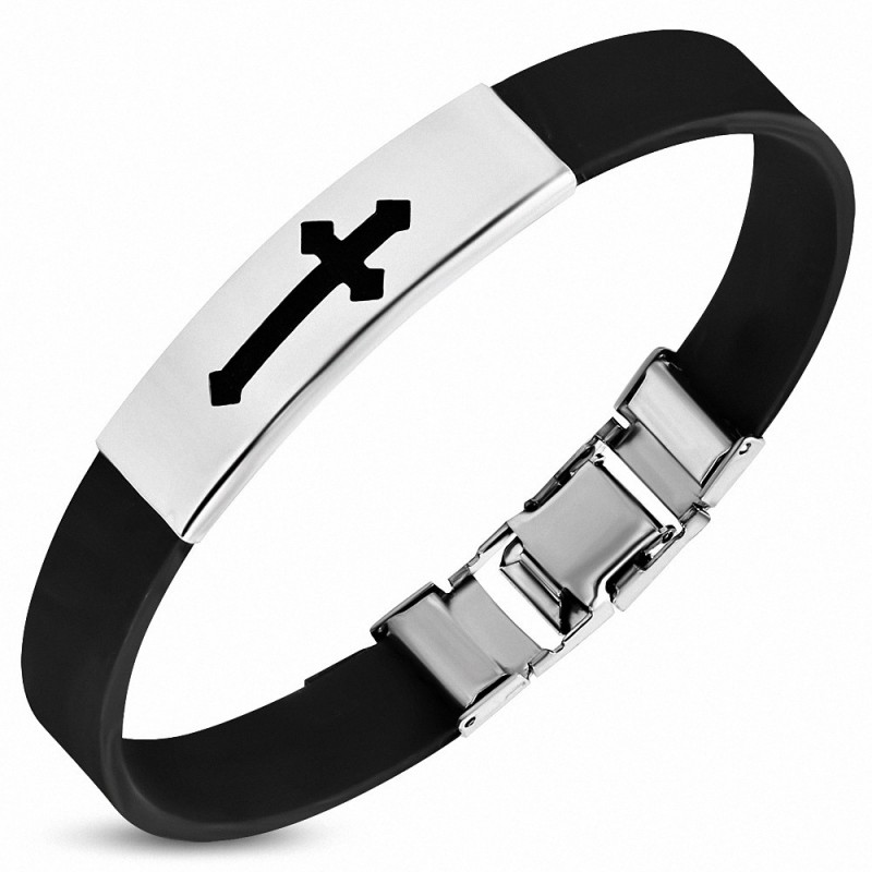 Bracelet homme en caoutchouc noir avec plaque acier croix médiévale