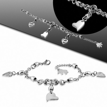 Bracelet en acier inoxydable avec charms cœurs