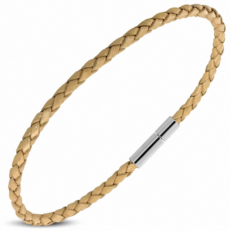 Bracelet en cuir tressé beige longueur 22 cm et largeur 3 mm