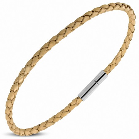 Bracelet en cuir tressé beige longueur 22 cm et largeur 3 mm