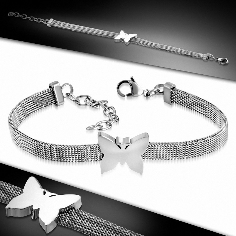 Bracelet en acier inoxydable aspect maille avec un papillon