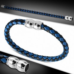 Bracelet en cuir tressé noir et bleu 22 cm x 6 mm fermeture magnétique