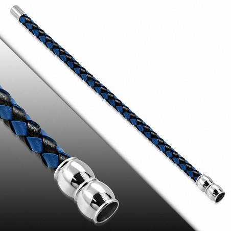 Bracelet en cuir tressé noir et bleu 22 cm x 6 mm fermeture magnétique