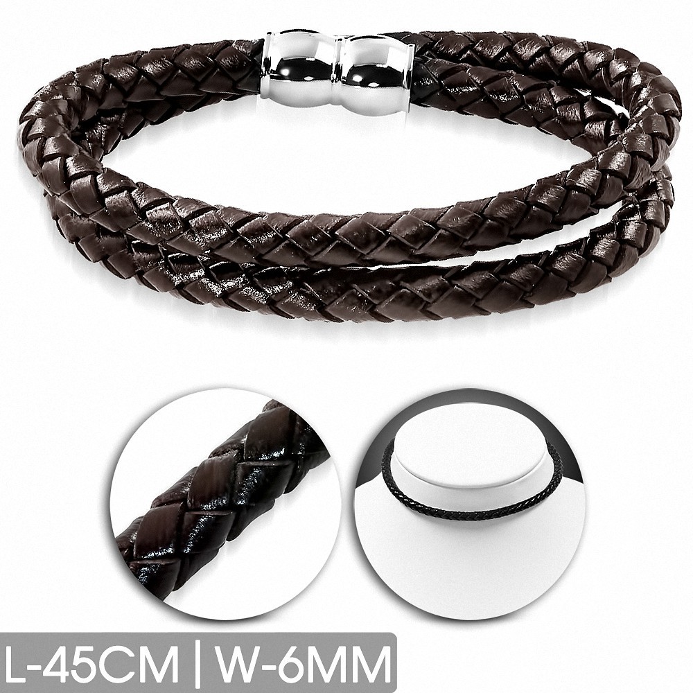 Bracelet en cuir marron tressé double brin 45 cm x 6 mm