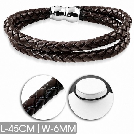 Bracelet en cuir marron tressé double brin 45 cm x 6 mm