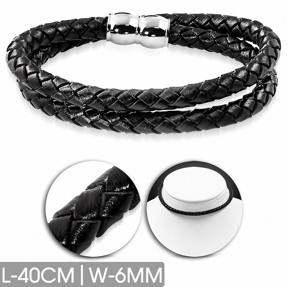 Bracelet en cuir noir tressé double brin 40 cm x 6 mm