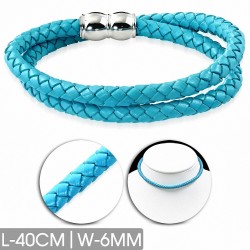 Bracelet en cuir bleu ciel tressé double brin 40 cm x 6 mm