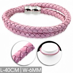 Bracelet en cuir rose tressé double brin 40 cm x 6 mm