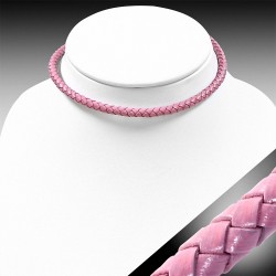 Bracelet en cuir rose tressé double brin 40 cm x 6 mm