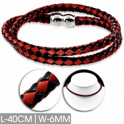 Bracelet en cuir noir et rouge tressé double brin 40 cm x 6 mm