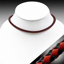 Bracelet en cuir noir et rouge tressé double brin 40 cm x 6 mm