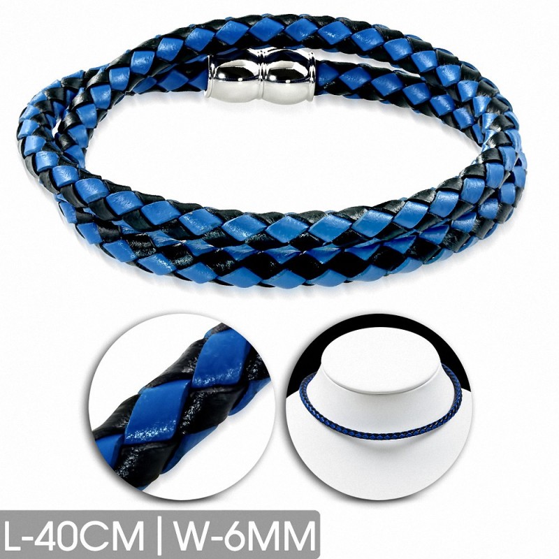 Bracelet en cuir bleu et noir tressé double brin 40 cm x 6 mm