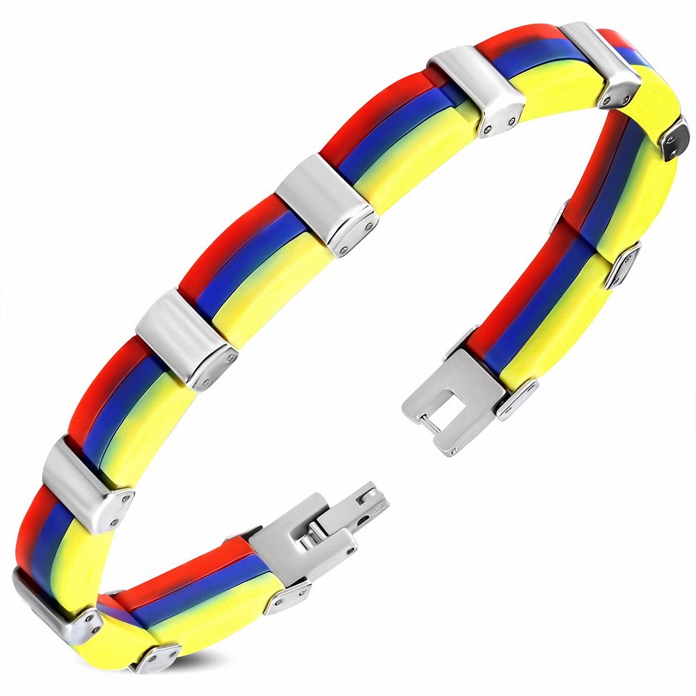 Bracelet homme en acier inoxydable tricolore rouge bleu jaune