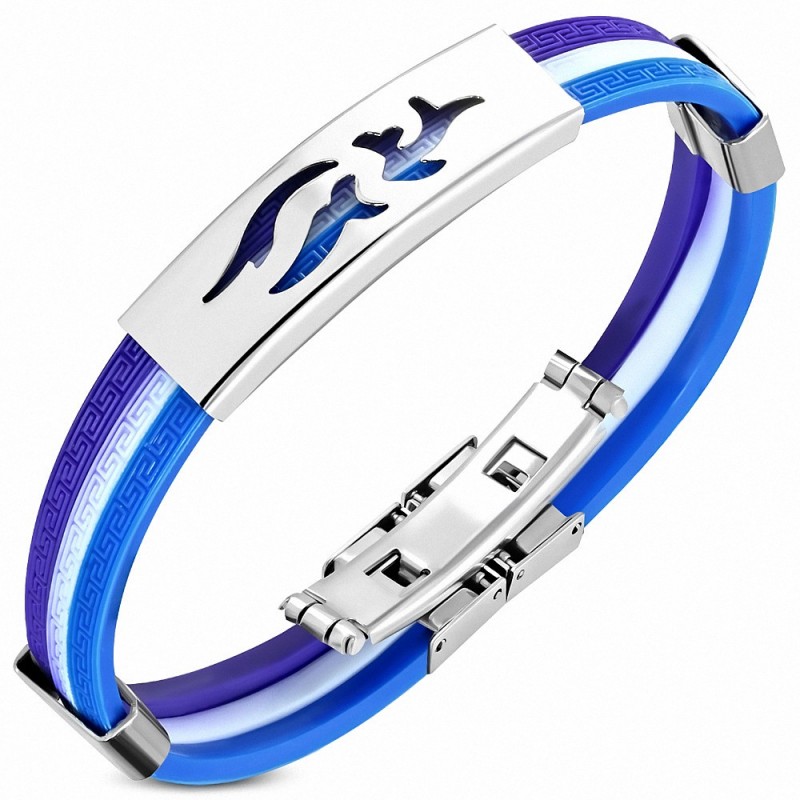 Bracelet en caoutchouc bleu tricolore plaque acier motif tribal