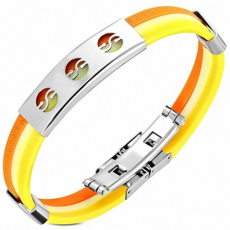 Bracelet en caoutchouc jaune et orange plaque acier trois cercles
