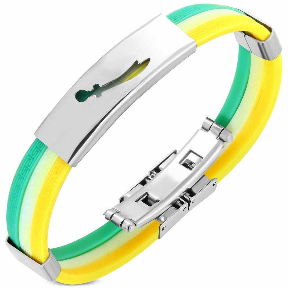 Bracelet homme en caoutchouc vert et jaune plaque acier épée