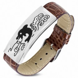 Bracelet en cuir marron avec plaque acier motif spirales dauphin