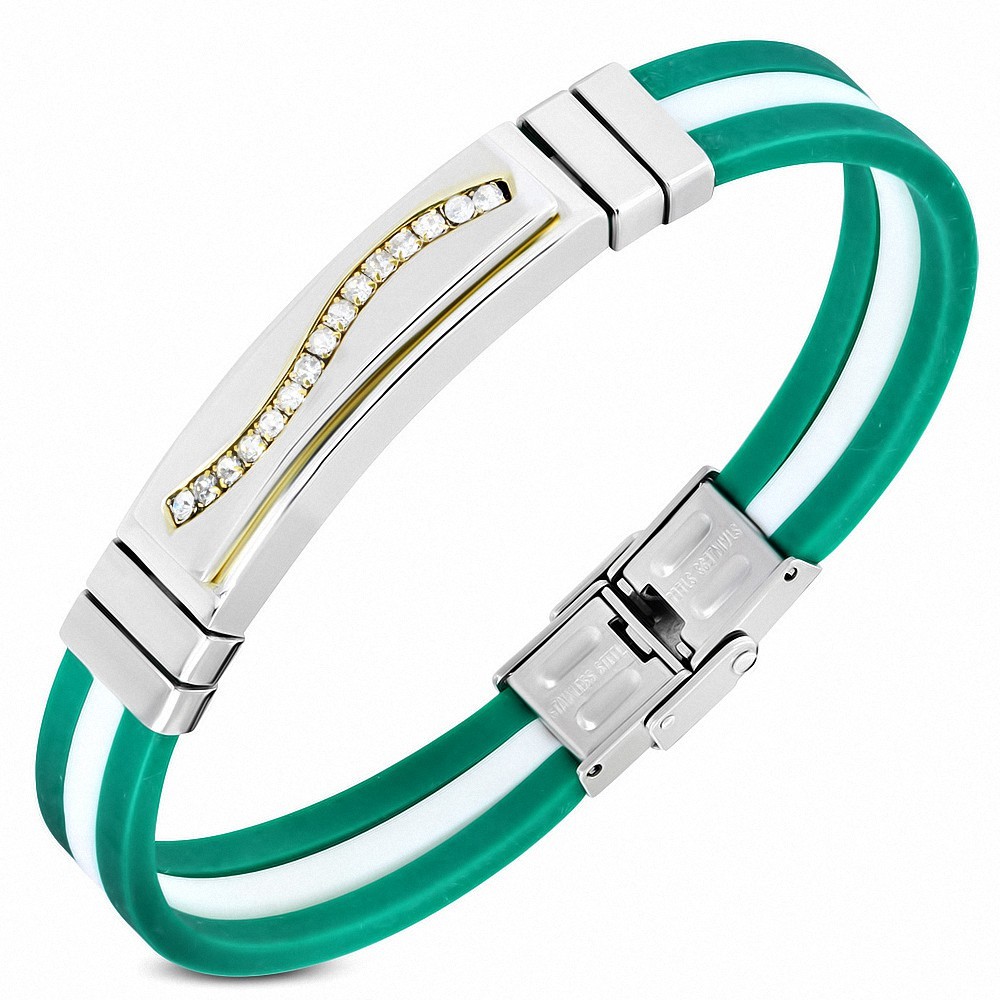 Bracelet en caoutchouc vert et blanc avec ligne de strass courbée