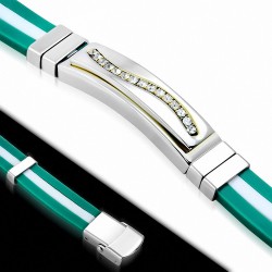 Bracelet en caoutchouc vert et blanc avec ligne de strass courbée