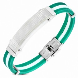 Bracelet en caoutchouc vert et blanc plaque acier labyrinthe