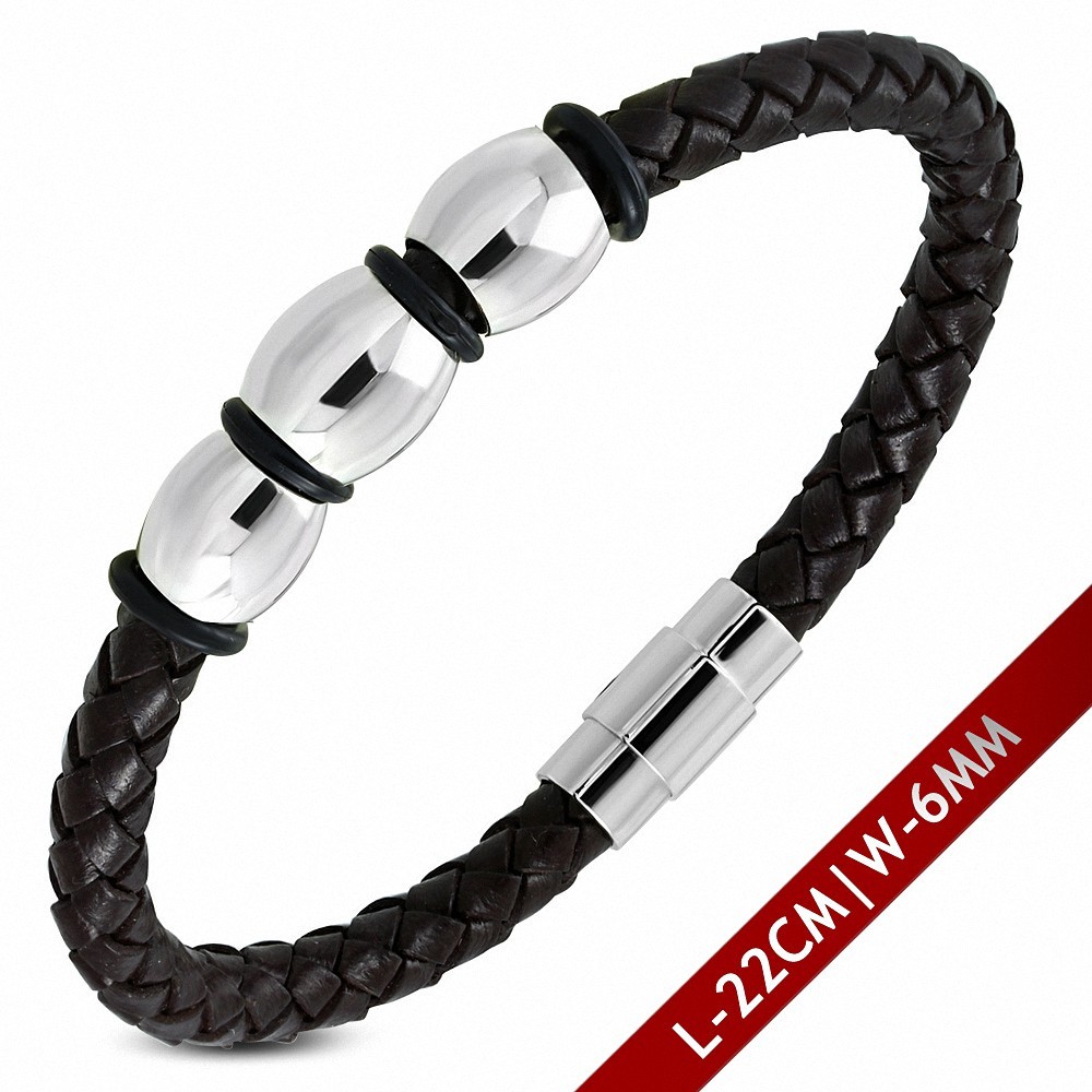 Bracelet en cuir noir tressé et fermeture magnétique 22 cm x 6 mm