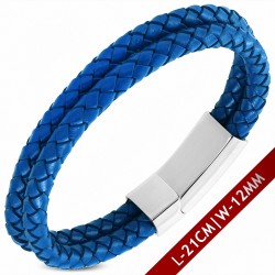Bracelet en cuir bleu marine tressé avec fermeture magnétique 21 cm x 12 mm