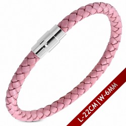 Bracelet en cuir rose tressé et fermeture magnétique 22 cm x 6 mm