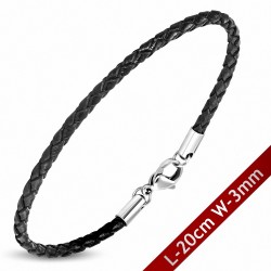 Bracelet en cuir noir tressé avec fermeture pince 20 cm x 3 mm