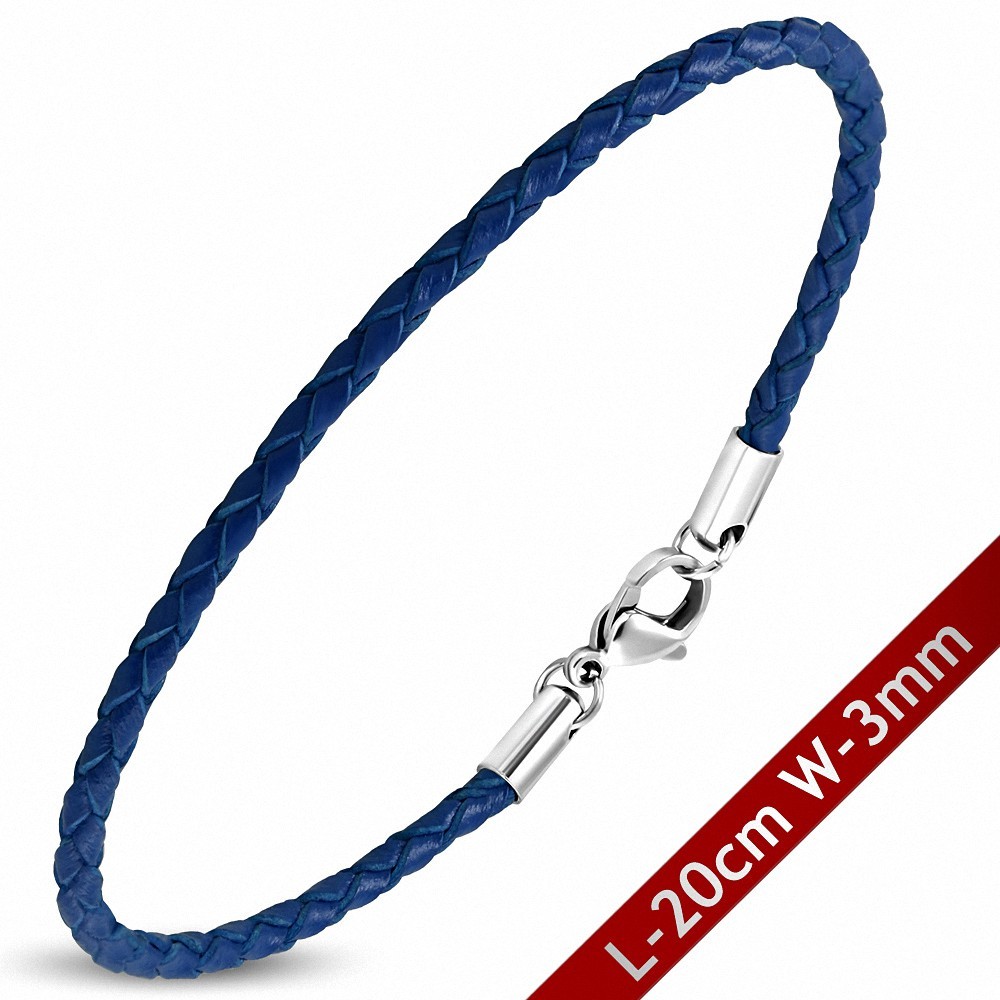 Bracelet en cuir bleu tressé avec fermeture par pince 20 cm x 3 mm