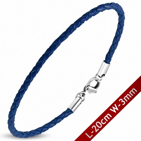 Bracelet en cuir bleu tressé avec fermeture par pince 20 cm x 3 mm
