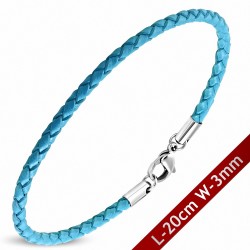 Bracelet en cuir tressé bleu ciel avec fermeture par pince 20 cm x 3 mm