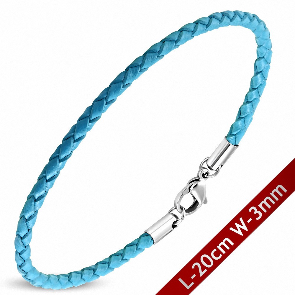 Bracelet en cuir tressé bleu ciel avec fermeture par pince 20 cm x 3 mm