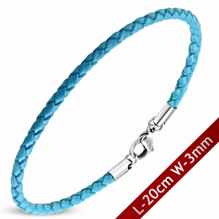 Bracelet en cuir tressé bleu ciel avec fermeture par pince 20 cm x 3 mm