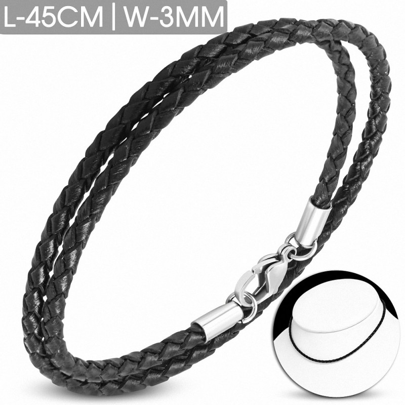 Bracelet en cuir noir tressé avec fermeture par pince 45 cm x 3 mm