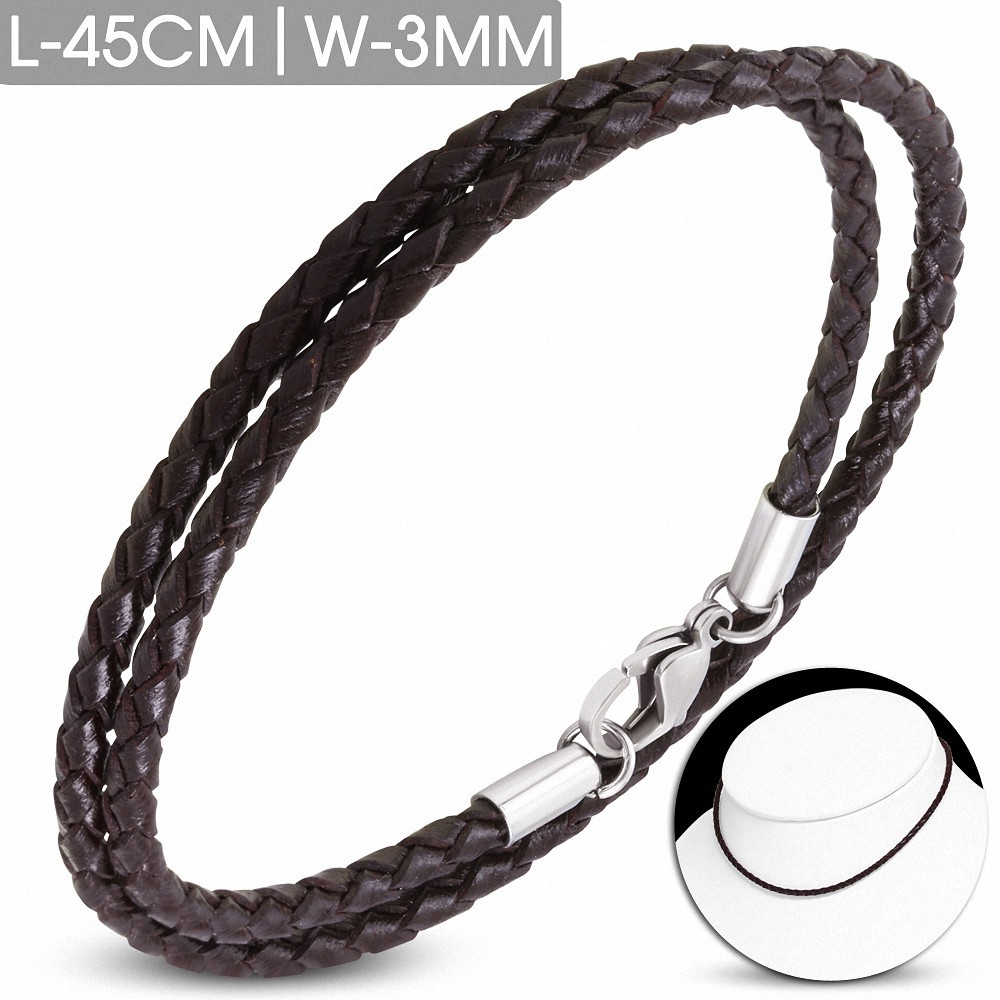 Bracelet en cuir marron tressé avec fermeture par pince 45 cm x 3 mm