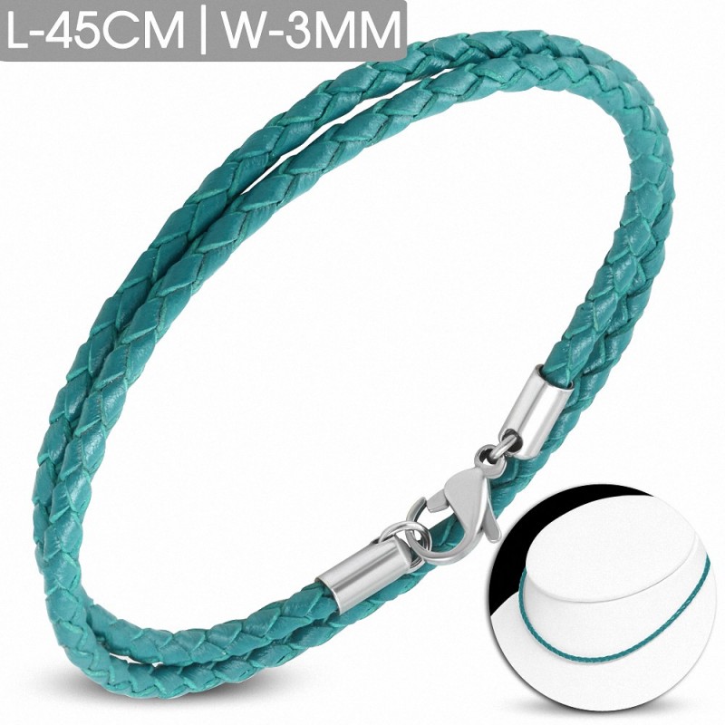 Bracelet en cuir turquoise tressé avec fermeture par pince 45 cm x 3 mm