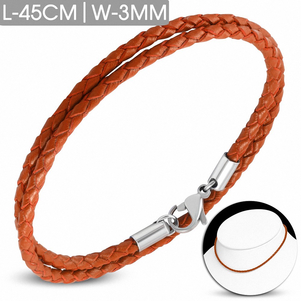 Bracelet en cuir orange tressé fermeture par pince 45 cm x 3 mm