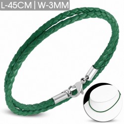 Bracelet en cuir vert tressé fermeture par pince 45 cm x 3 mm