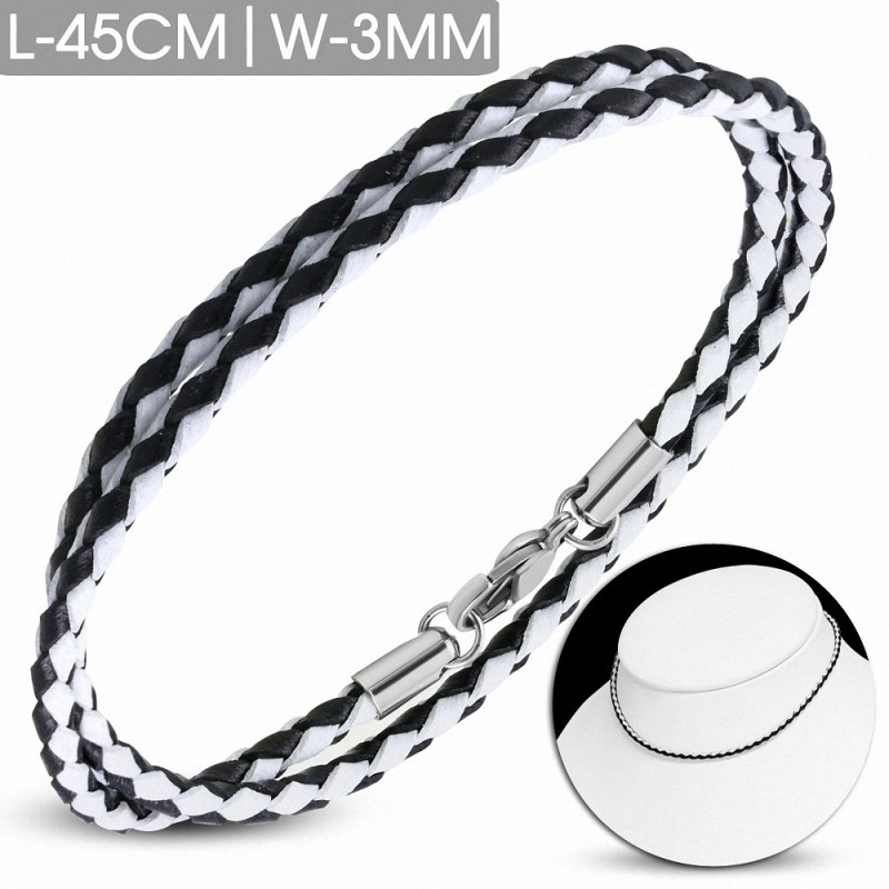 Bracelet en cuir noir et blanc tressé fermeture par pince 45 cm x 3 mm