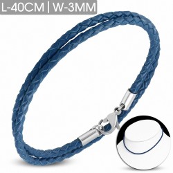 Bracelet en cuir bleu marine tressé fermeture par pince 40 cm x 3 mm