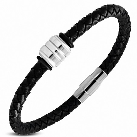 Bracelet en cuir noir et blanc tressé fermeture par pince 40 cm x 3 mm