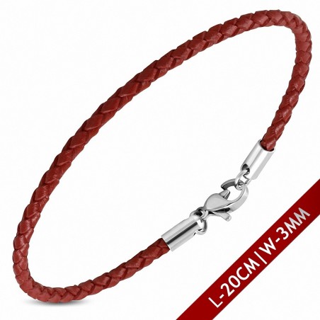 Bracelet en cuir rouge tressé avec fermeture par pince 20 cm x 3 mm