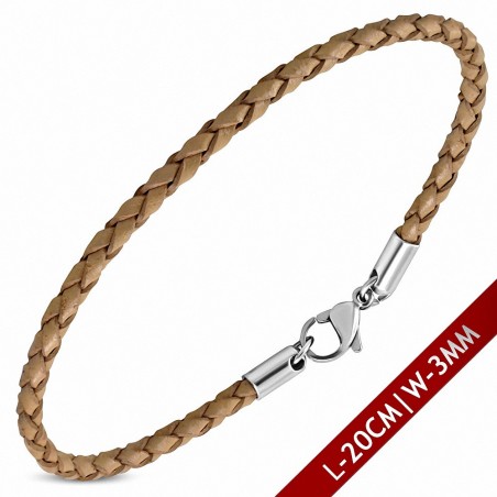 Bracelet en cuir marron tressé avec fermeture par pince 20 cm x 3 mm